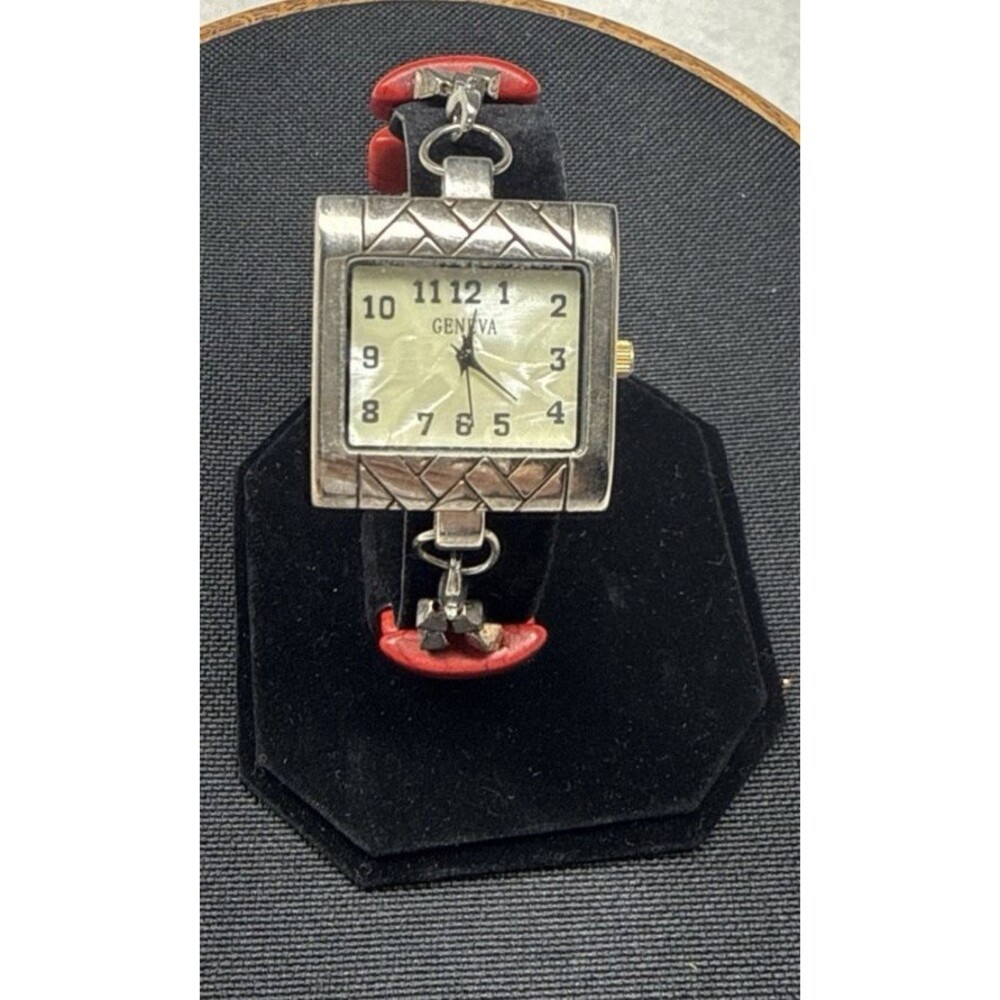 Geneva Red Stone Beaded Watch Silver Tone Square Boho Southwestern